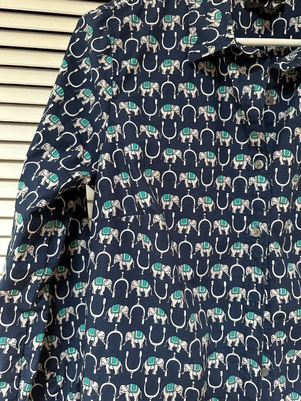 J. Crew Perfect Button Down Cotton Blouse Blue Teal White Elephants Print Small
